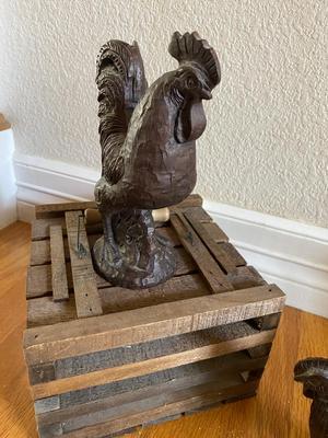 ROOSTER AND HEN FIGURINES AND NEAT LITTLE WOODEN BOX