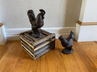 ROOSTER AND HEN FIGURINES AND NEAT LITTLE WOODEN BOX