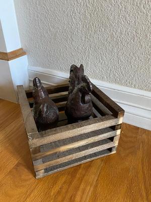 ROOSTER AND HEN FIGURINES AND NEAT LITTLE WOODEN BOX