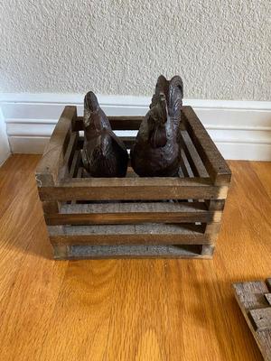 ROOSTER AND HEN FIGURINES AND NEAT LITTLE WOODEN BOX