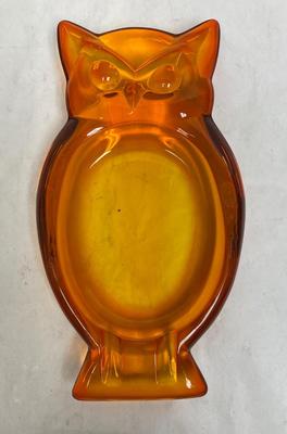Retro Vintage Orange Blown Glass Owl Dish or Ashtray MCM