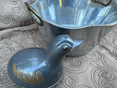 Heavy Pewter & Brass Ice Bucket & Bird Dish / Trinket Box