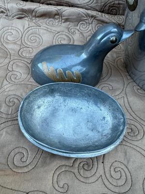 Heavy Pewter & Brass Ice Bucket & Bird Dish / Trinket Box