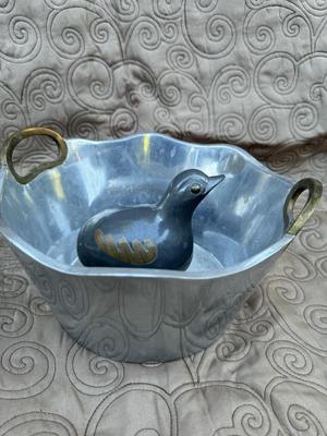 Heavy Pewter & Brass Ice Bucket & Bird Dish / Trinket Box