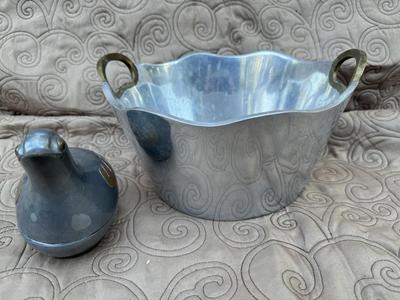 Heavy Pewter & Brass Ice Bucket & Bird Dish / Trinket Box