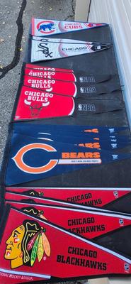 Sport Pennant Lot, Cubs, Sox, Bulls etc 12" X 30" Banners