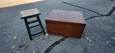 Wooden Stool with rabbit painted on seat, wooden truck on wheels