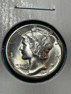 1943-D BRILLIANT UNCIRCULATED CONDITION MERCURY SILVER DIME (COIN-5).