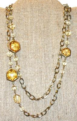 "Dana Kellin" Brand Necklace with Faceted "Gold" Hexagon Accents on a (Wrap-Around) Gold Tone Chain 38" L