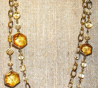 "Dana Kellin" Brand Necklace with Faceted "Gold" Hexagon Accents on a (Wrap-Around) Gold Tone Chain 38" L