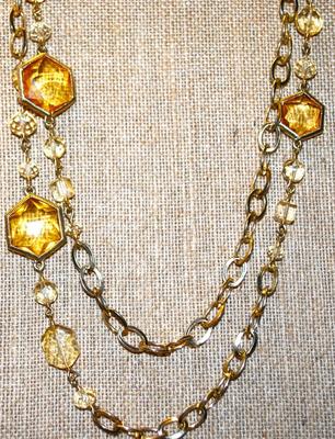 "Dana Kellin" Brand Necklace with Faceted "Gold" Hexagon Accents on a (Wrap-Around) Gold Tone Chain 38" L
