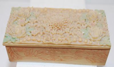 Heavy Engraved Flower Design Alabaster-Styled Trinket Box 3¾" x 1¾" x 1¼"