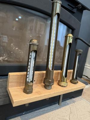 Four Thermometers with Custom Wood Mount (J&E Hall Ltd Dartford / Arthur H Thomas Co. & two others)