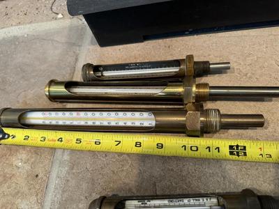 Four Thermometers with Custom Wood Mount (J&E Hall Ltd Dartford / Arthur H Thomas Co. & two others)