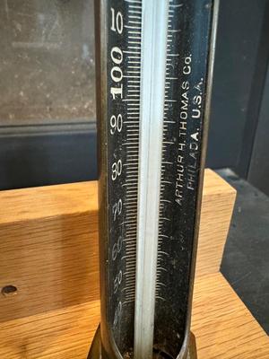 Four Thermometers with Custom Wood Mount (J&E Hall Ltd Dartford / Arthur H Thomas Co. & two others)