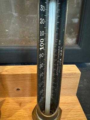 Four Thermometers with Custom Wood Mount (J&E Hall Ltd Dartford / Arthur H Thomas Co. & two others)