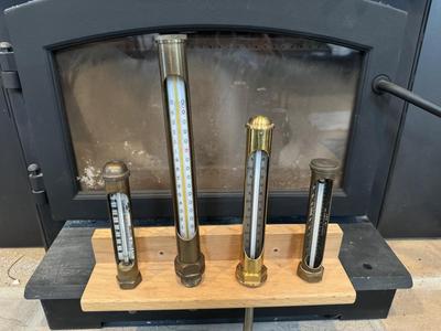 Four Thermometers with Custom Wood Mount (J&E Hall Ltd Dartford / Arthur H Thomas Co. & two others)