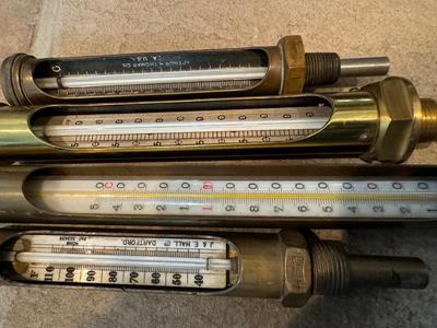 Four Thermometers with Custom Wood Mount (J&E Hall Ltd Dartford / Arthur H Thomas Co. & two others)