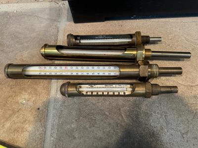 Four Thermometers with Custom Wood Mount (J&E Hall Ltd Dartford / Arthur H Thomas Co. & two others)