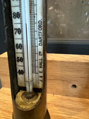 Four Thermometers with Custom Wood Mount (J&E Hall Ltd Dartford / Arthur H Thomas Co. & two others)