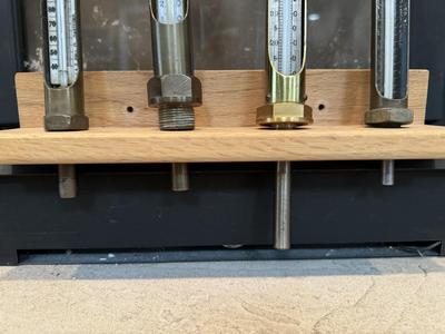 Four Thermometers with Custom Wood Mount (J&E Hall Ltd Dartford / Arthur H Thomas Co. & two others)