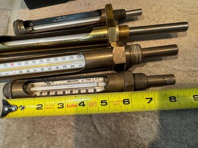 Four Thermometers with Custom Wood Mount (J&E Hall Ltd Dartford / Arthur H Thomas Co. & two others)