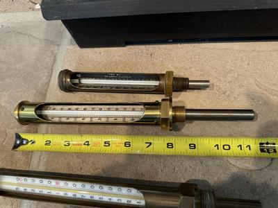Four Thermometers with Custom Wood Mount (J&E Hall Ltd Dartford / Arthur H Thomas Co. & two others)