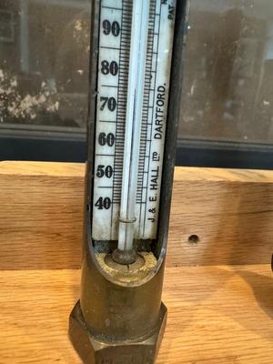 Four Thermometers with Custom Wood Mount (J&E Hall Ltd Dartford / Arthur H Thomas Co. & two others)