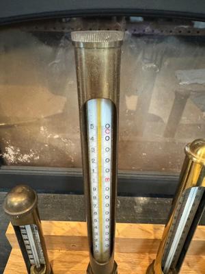Four Thermometers with Custom Wood Mount (J&E Hall Ltd Dartford / Arthur H Thomas Co. & two others)