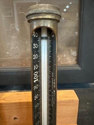 Four Thermometers with Custom Wood Mount (J&E Hall Ltd Dartford / Arthur H Thomas Co. & two others)