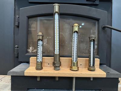 Four Thermometers with Custom Wood Mount (J&E Hall Ltd Dartford / Arthur H Thomas Co. & two others)