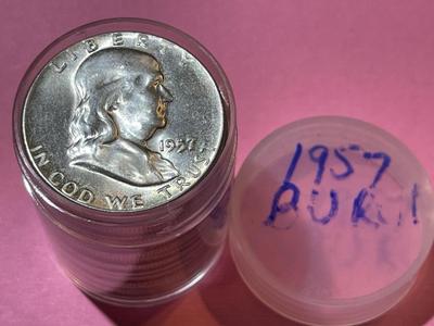 ROLL OF (20) 1957 BRILLIANT UNCIRCULATED CONDITION FRANKLIN SILVER HALF DOLLARS AS PICTURED.