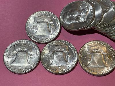 ROLL OF (20) 1957 BRILLIANT UNCIRCULATED CONDITION FRANKLIN SILVER HALF DOLLARS AS PICTURED.