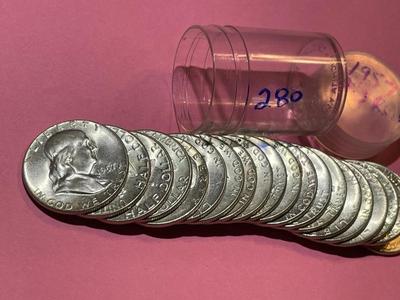 ROLL OF (20) 1957 BRILLIANT UNCIRCULATED CONDITION FRANKLIN SILVER HALF DOLLARS AS PICTURED.