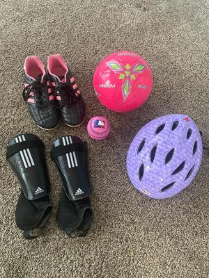 ADIDAS CLEATS & SHIN GUARDS, WILSON SIZE 3 SOCCER BALL AND MORE!