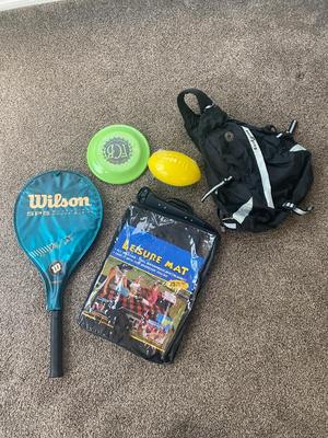 NICE WILSON OVERSIZED TENNIS RACKET, LEISURE MAT, EAST SPORT BACKPACK, FRISBEE AND FOAM FOOTBALL