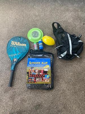 NICE WILSON OVERSIZED TENNIS RACKET, LEISURE MAT, EAST SPORT BACKPACK, FRISBEE AND FOAM FOOTBALL