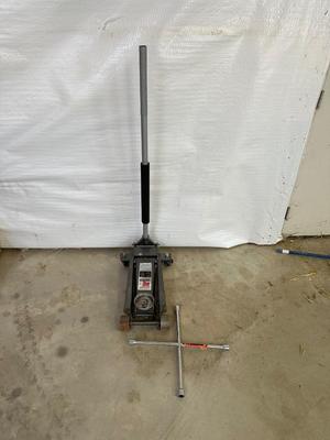 3 TON FLOOR JACK AND A 4 WAY LUG WRENCH