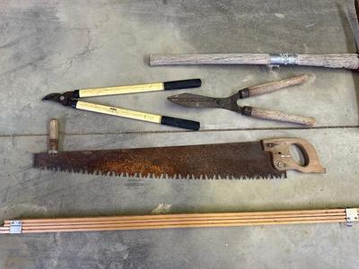 PICK AXE, LOPPERS, HEDGE TRIMMER, HAND SAW AND MORE