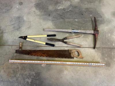 PICK AXE, LOPPERS, HEDGE TRIMMER, HAND SAW AND MORE