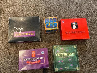 MAD GAB, SCATTERGORIES, OUTBURST, SCRUTINEYES, & BALDERDASH