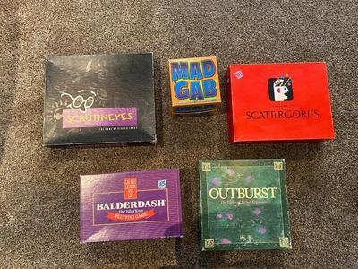 MAD GAB, SCATTERGORIES, OUTBURST, SCRUTINEYES, & BALDERDASH