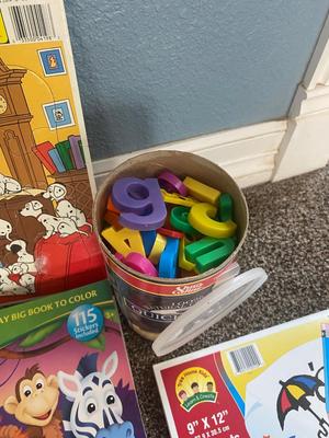 REALLY NEAT VINTAGE LETTERS AND NUMBERS BOARD + CRAYONS, MARKERS, SCRIBBLE PAD, COLORING BOOKS & MORE!