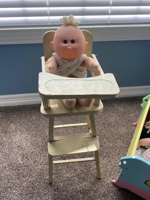 VINTAGE HIGH CHAIR AND CABBAGE PATCH DOLL