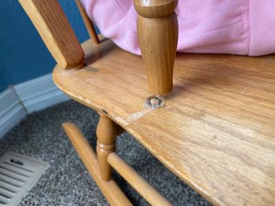 CHILD SIZE ROCKING CHAIR AND TOTE FULL OF DOLL CLOTHES