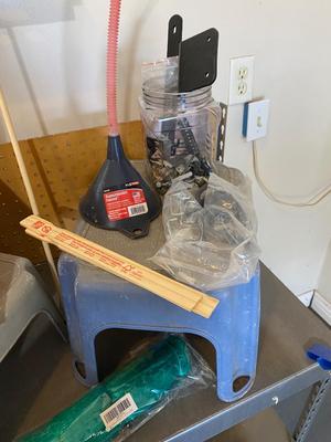 STEP STOOLS, PLATIC CRATE, HARDWARE, DISPOSABLE GLOVES TRANSMISSION FUNNEL AND MORE!