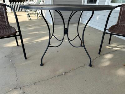 METAL MESH PATIO TABLE W/2 OUTDOOR WICKER CHAIRS