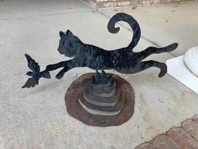 STEEL CAT CHASING A BIRD YARD ART