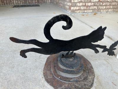 STEEL CAT CHASING A BIRD YARD ART