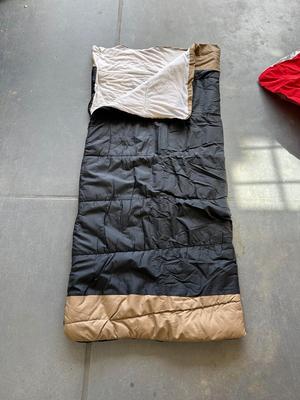 2 SLEEPING BAGS, TWIN INFLATABLE MATTRESS, COLEMAN LANTERN AND COOLER